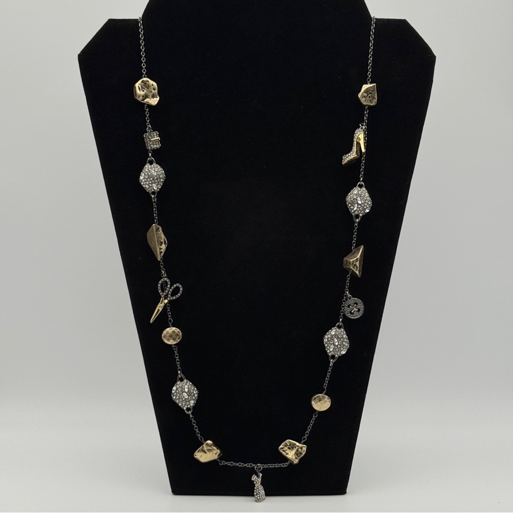Cabi Fashion Charm Necklace | 32–35” | Scissors, Dress, Button, Crystals